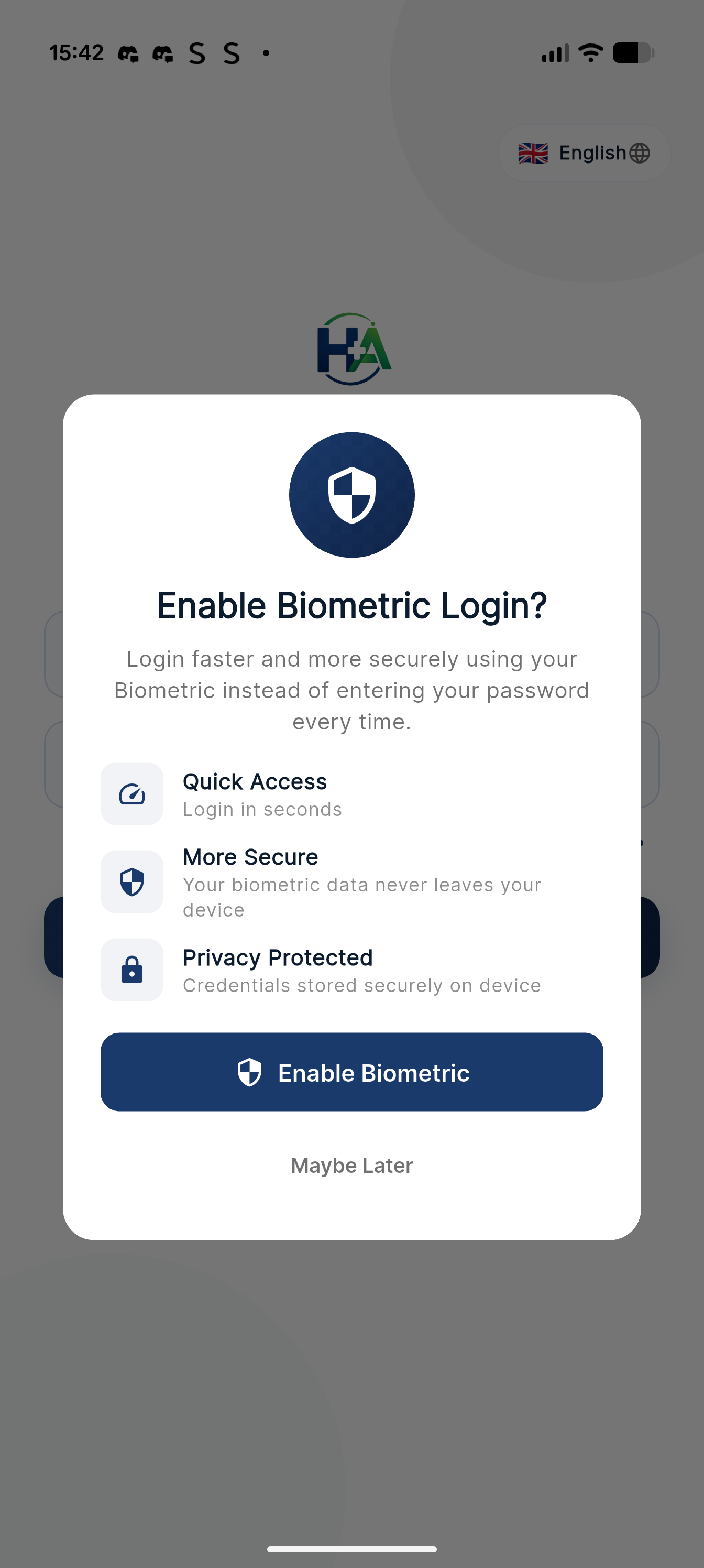 Biometric login prompt offering quick access, security, and privacy