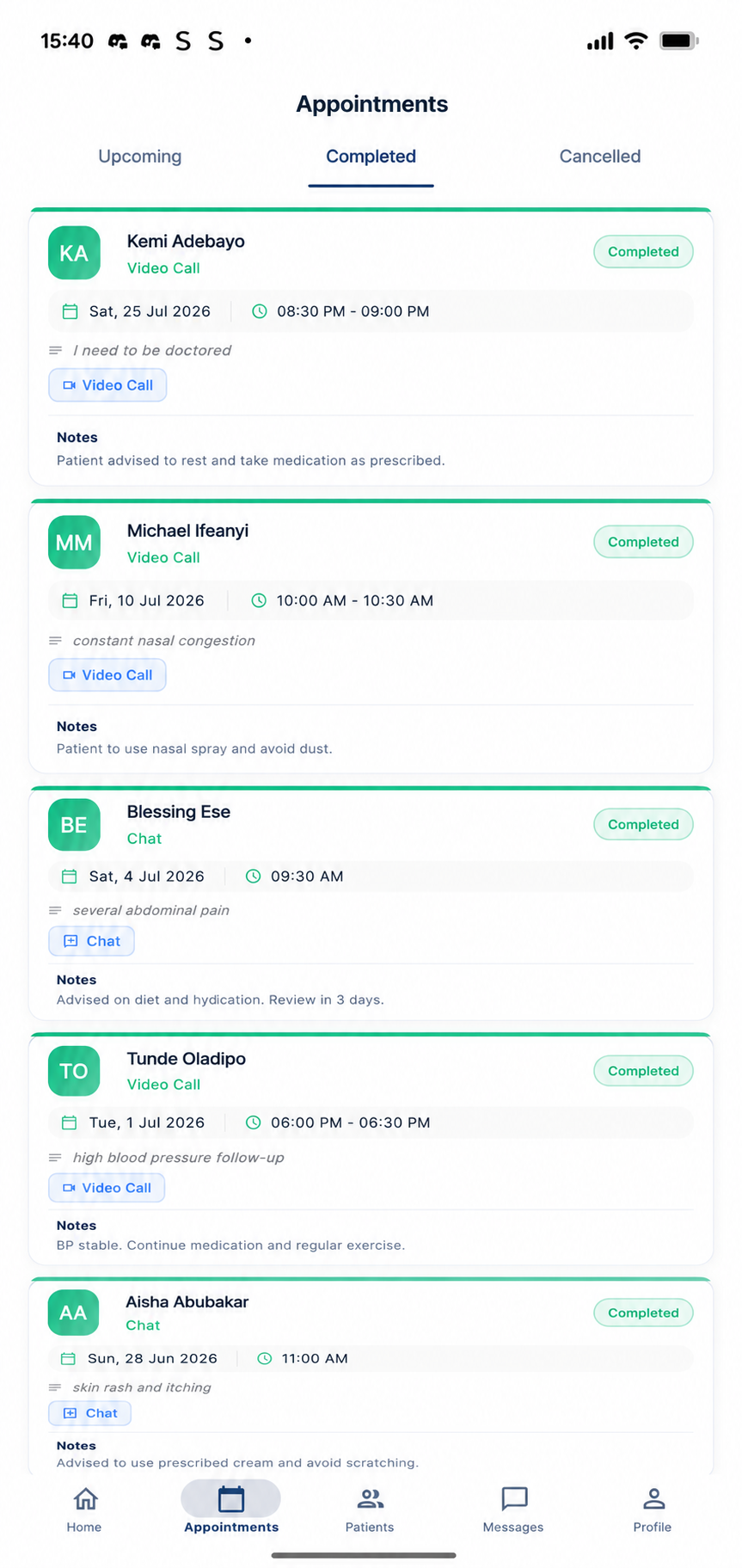 Doctor appointments view showing confirmed video and chat consultations