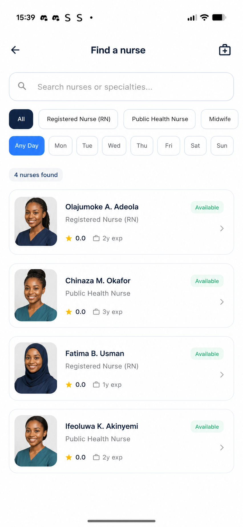 Browse nurses by specialty with search and availability filters