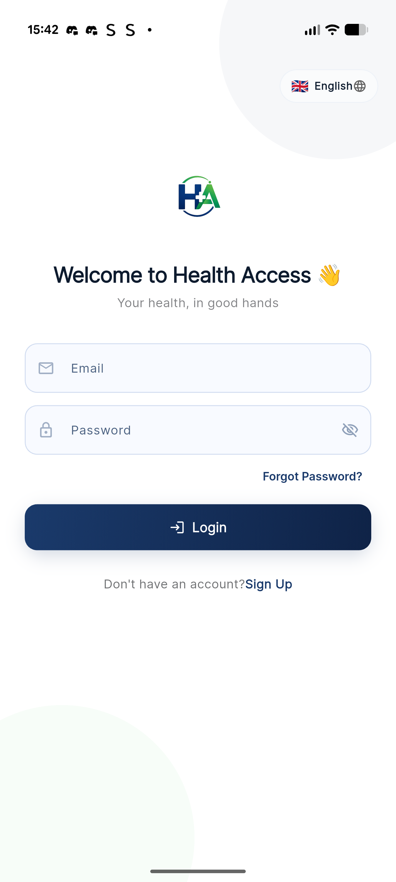 Login screen with language selector and clean sign-in form