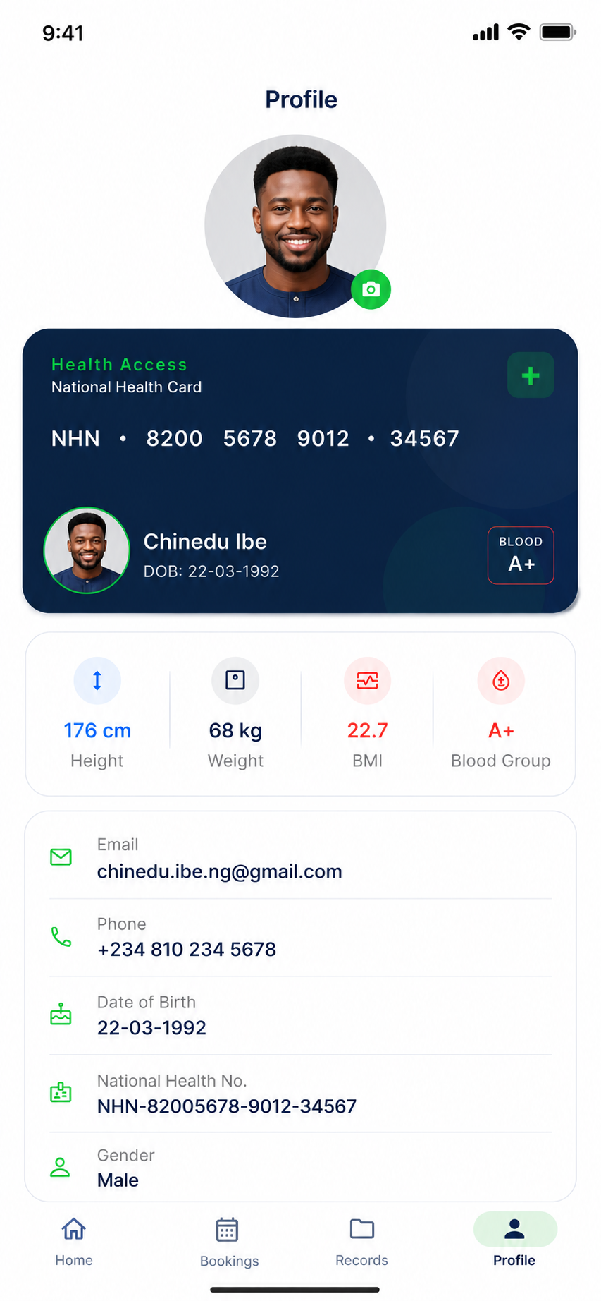 National Health Number card with patient profile and personal details