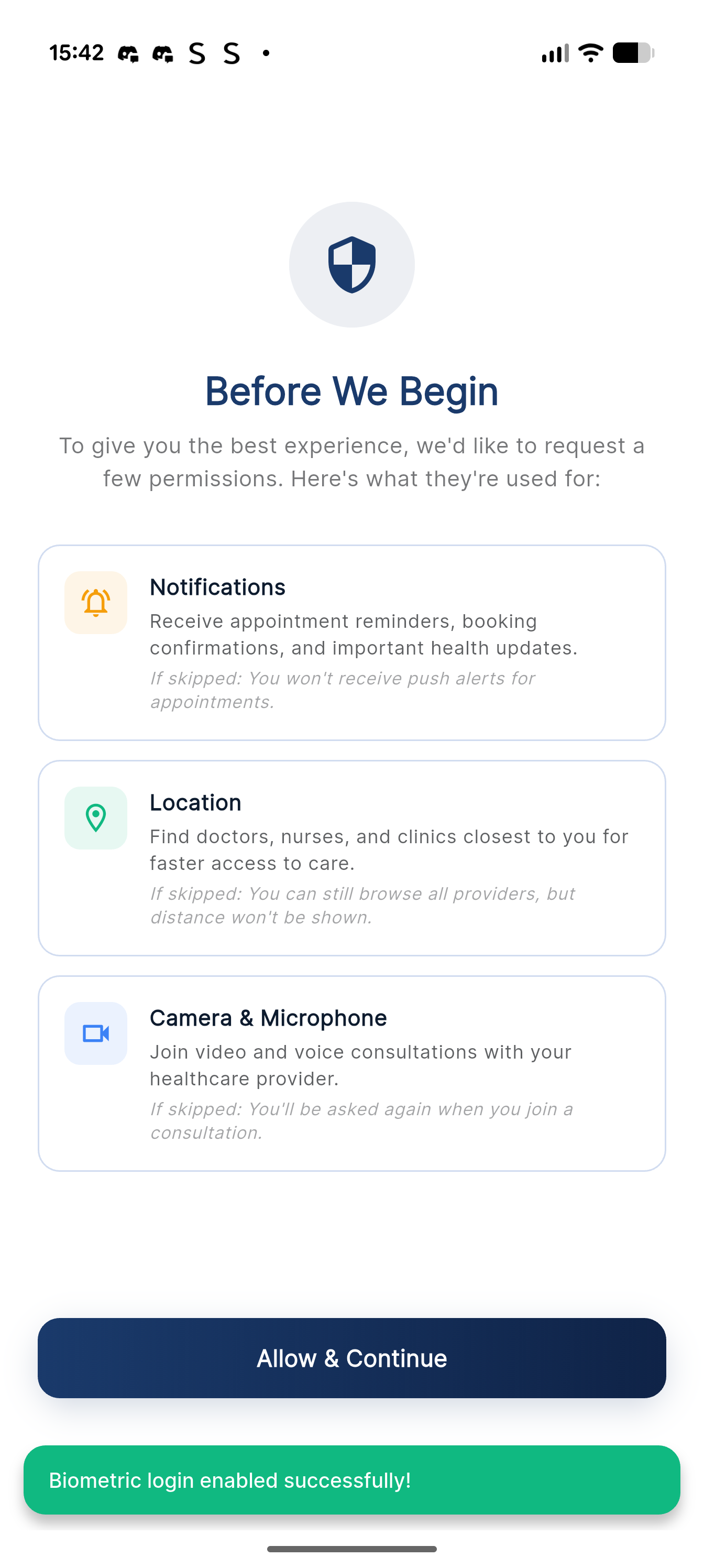 Permission request screen for notifications, location, and camera access