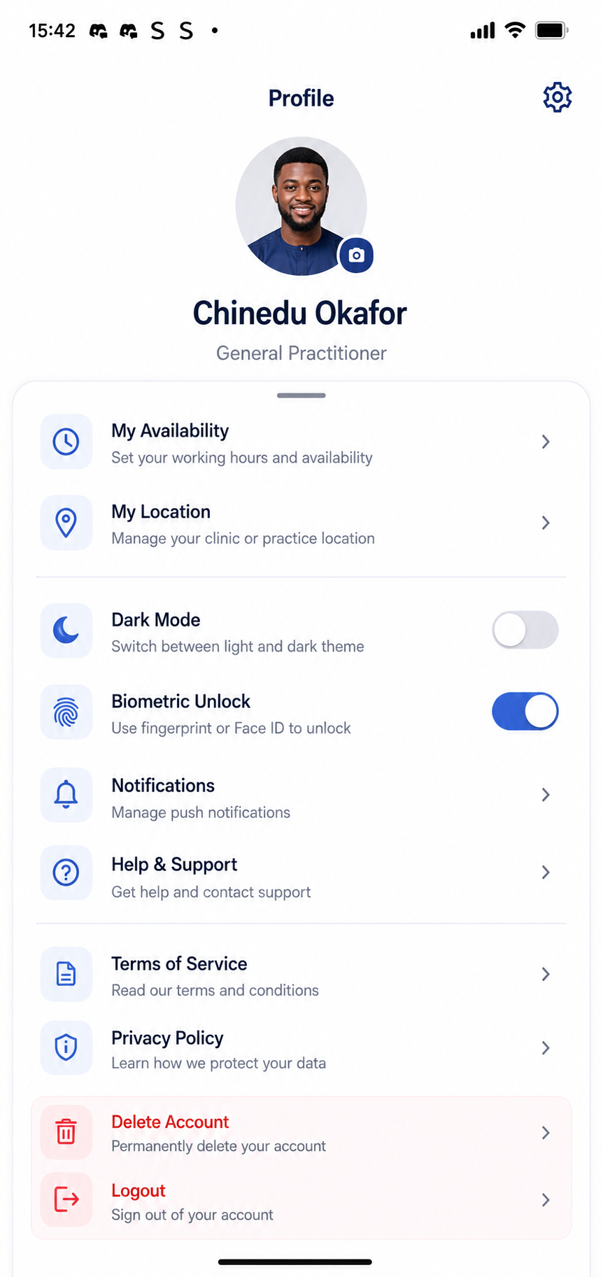 Profile settings with prescriptions, payment history, privacy controls, and data rights