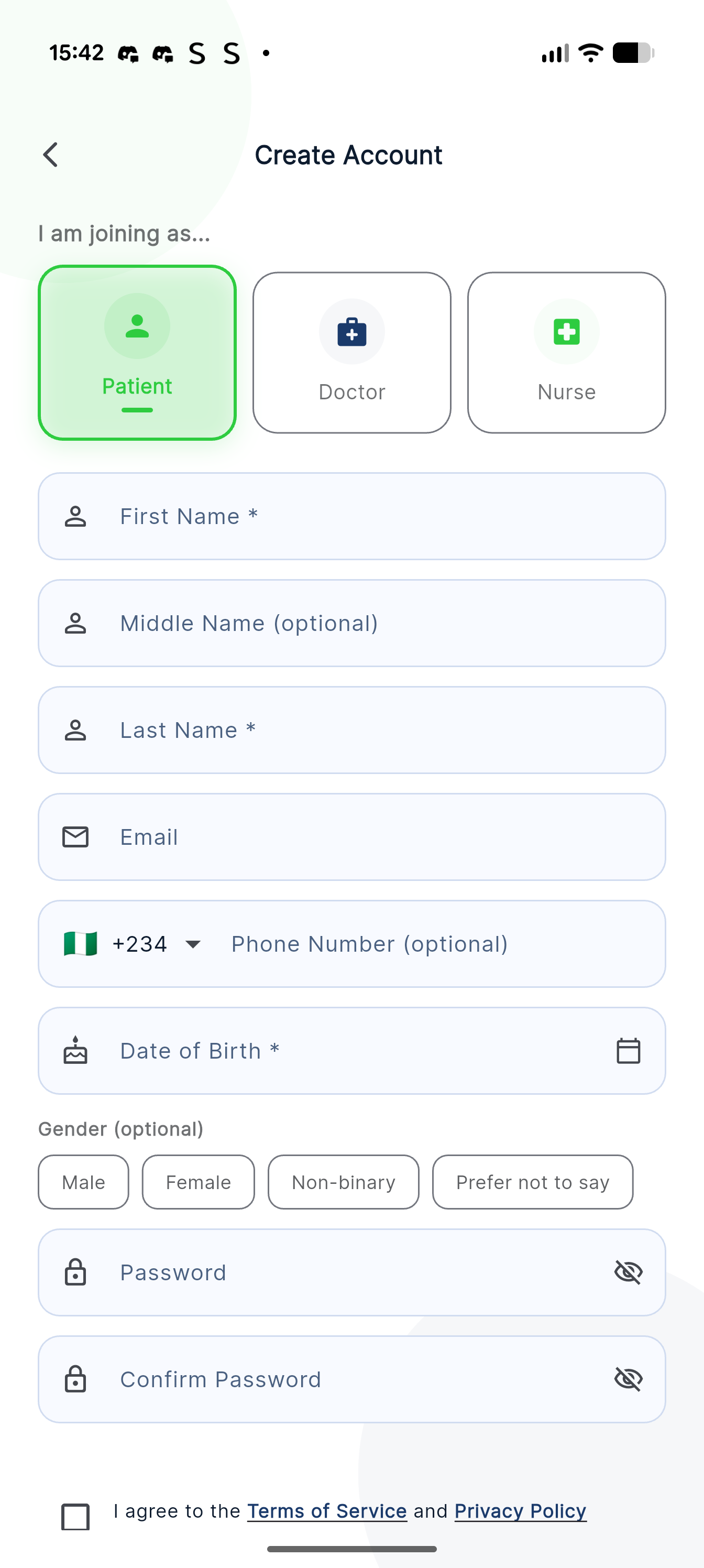 Create account screen with patient, doctor, and nurse role selection